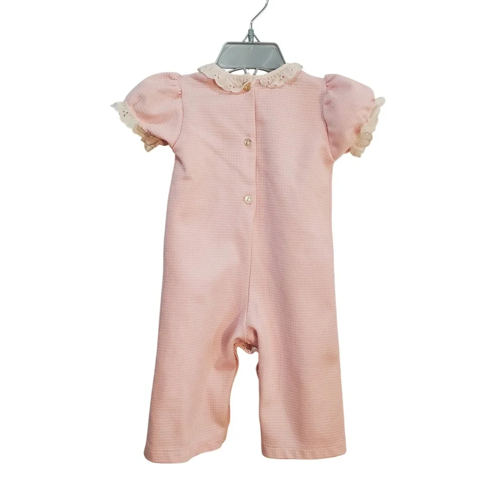 Carters Vintage Romper Lace Collar Pink Waffle Knit Short Sleeve 9 M Made In USA